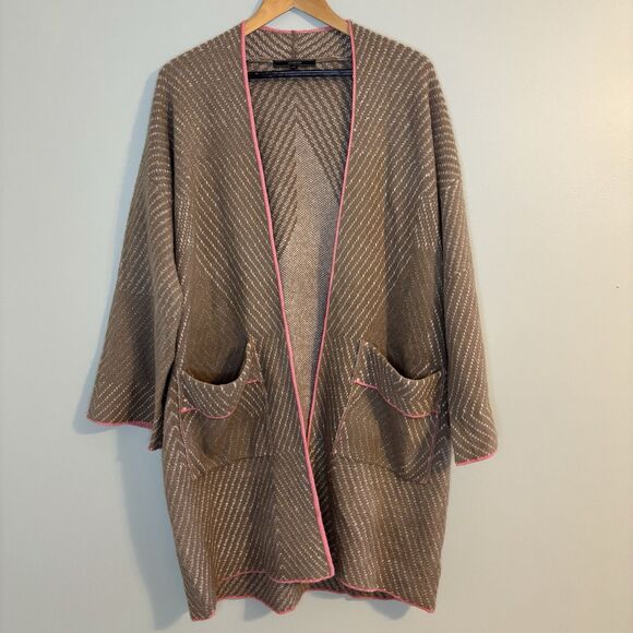 Maxsport Womens Oversized Cozy Sweater Cardigan Light Brown Cream Pink Trim Boho - Picture 1 of 6